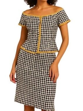 Vintage Black and White Houndstooth Skirt Set with Gold Trim